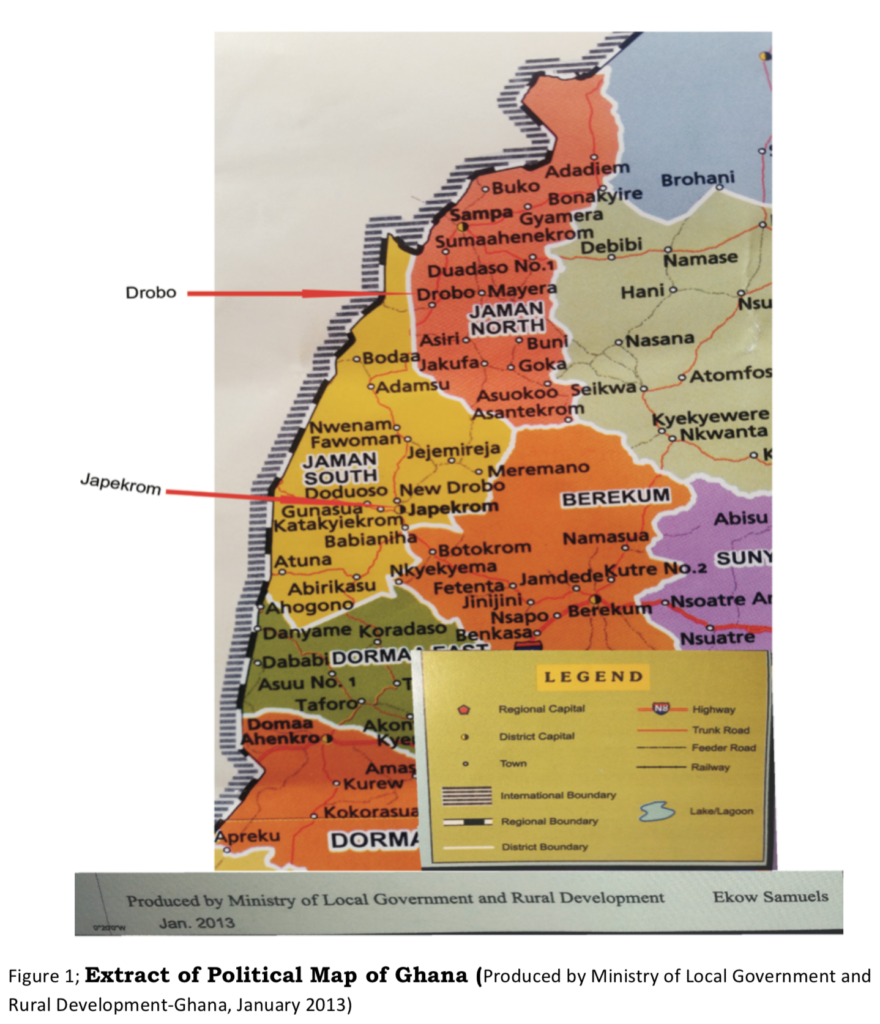 Figure 1; Extract of Political Map of Ghana (Produced by Ministry of Local Government and Rural Development-Ghana, January 2013)